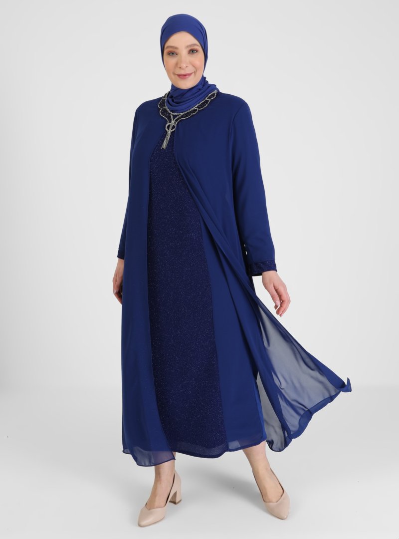 Atay Gökmen Saks Mavi Yakası Taş Detaylı Simli Abiye Elbise