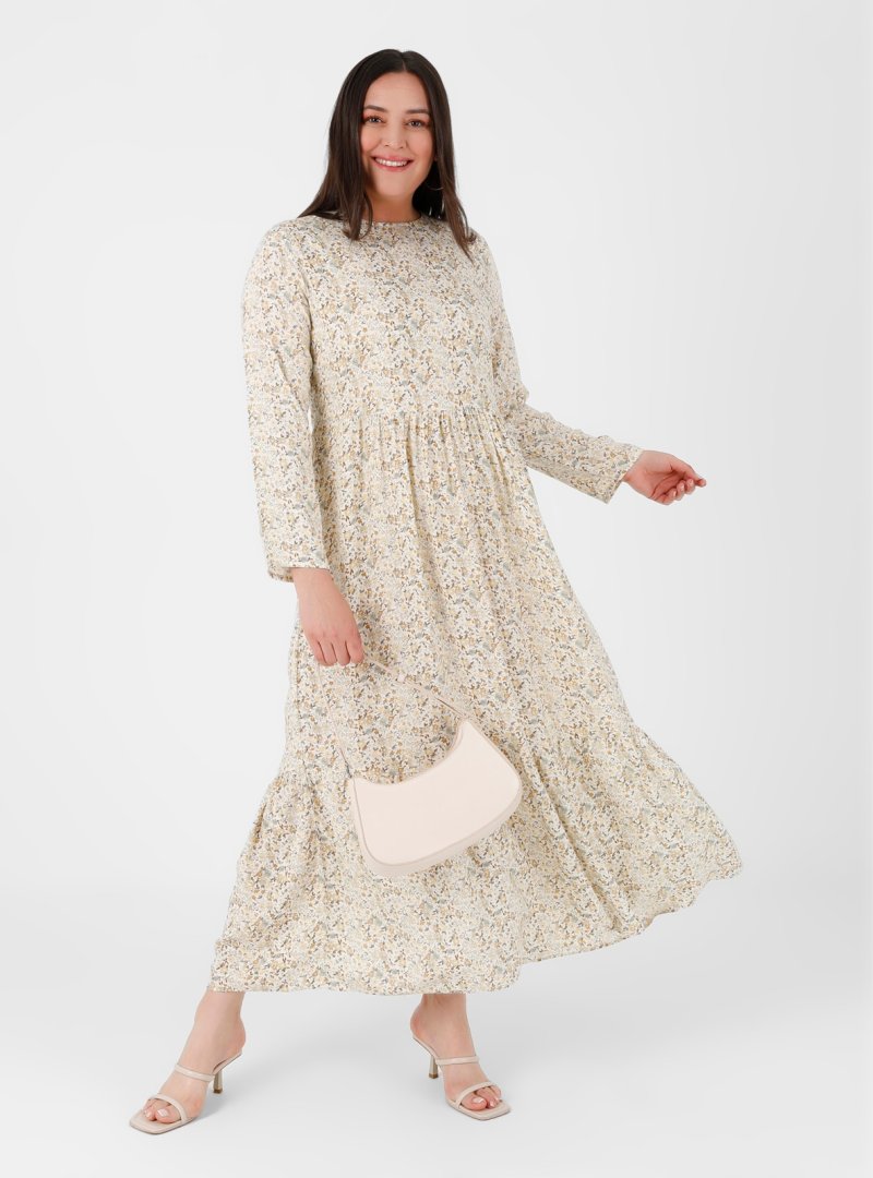 Alia Bej Büyük Beden Doğal Kumaşlı Çiçek Desenli Elbise