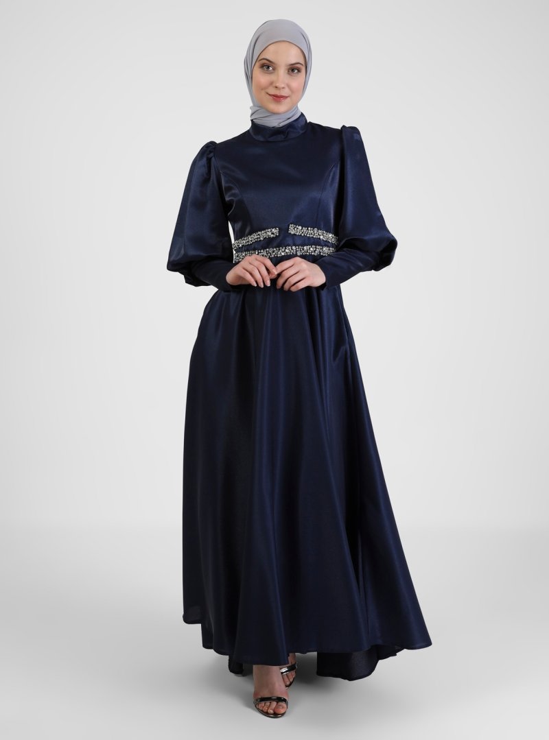 Puane Lacivert Şerit Detaylı Abiye Elbise