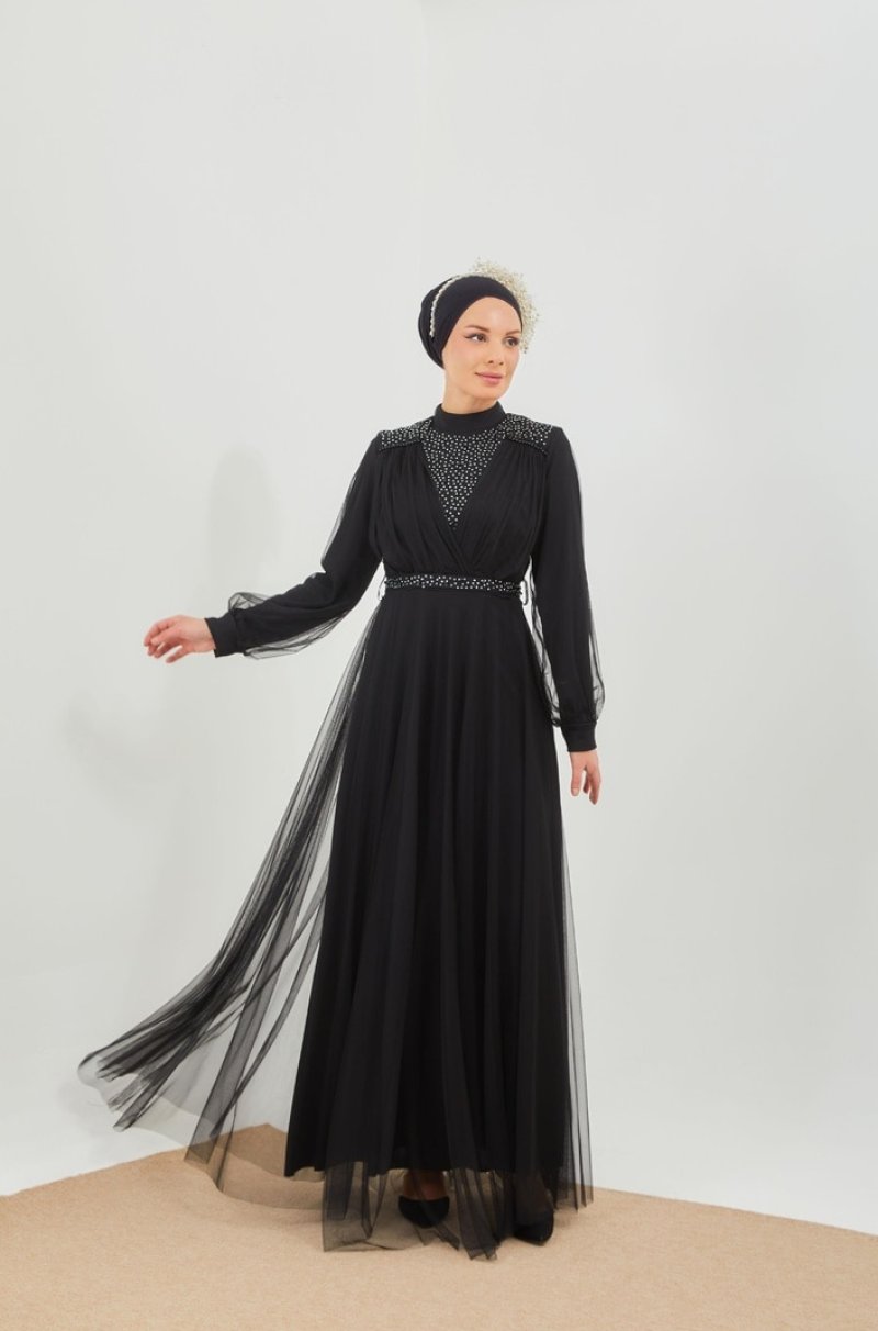 Moda Echer Siyah İnci Görsel Detaylı Abiye Elbise