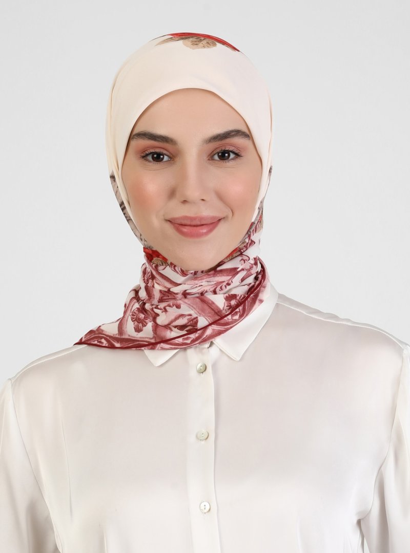 Miray Tablo & Gül Desen Şifon Eşarp Kırık Beyaz Kırmızı