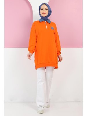 Tesettür Dünyası Turuncu Yakası Kot Detaylı Sweatshirt