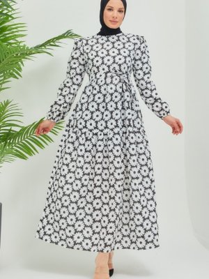 In Style Siyah Lima Kasımpatı Desen Kuşaklı Elbise