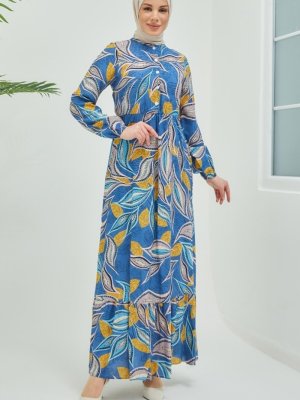 In Style İndigo Pera Yapraklı Viskon Elbise