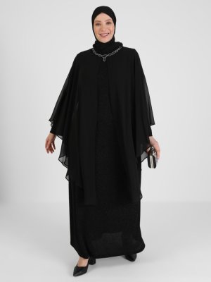 Atay Gökmen Siyah Pelerinli Yakası Taş Detaylı Simli Abiye Elbise