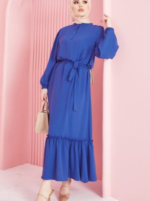 In Style Saks Mavisi Meyra Düğmeli Ayrobin Elbise