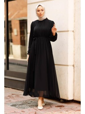 Meqlife Siyah Şifon Kumaş Astarlı Elbise