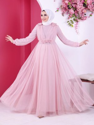 Sew&Design Pudra Çiçek Detaylı Tül Abiye Elbise