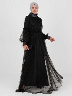 Tavin Siyah Yaka Detaylı Tül Abiye Elbise