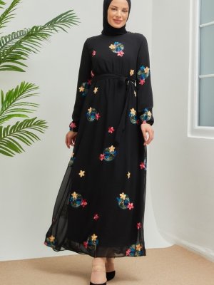 In Style Siyah Mevsim Çiçeği Desen Baskılı Şifon Elbise