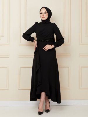 Olcay Siyah Volan Ve Fırfır Detaylı Taş Aksesuarlı Krep Abiye Elbise
