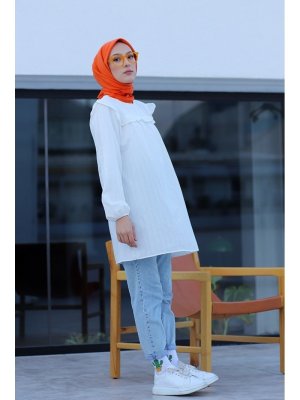 Bestenur Ekru Önü Fırfır Detay Kolları Lastikli Tunik