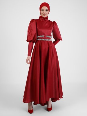 Puane Bordo Şerit Detaylı Abiye Elbise