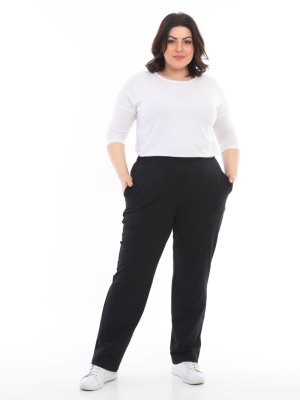 EVS WOMAN Siyah Büyük Beden Beli Lastikli Cepli Çelik Örme Pantolon