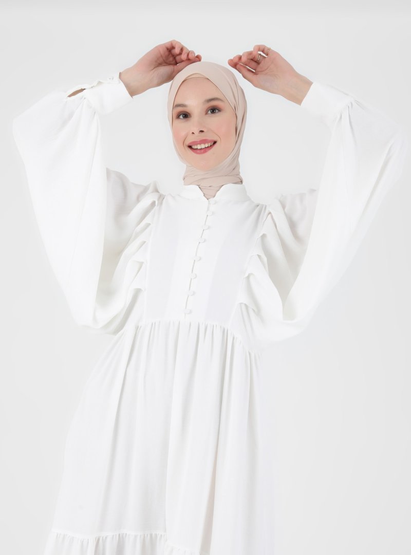 Refka Off White Brit Detaylı Yarasa Kol Aerobin Elbise