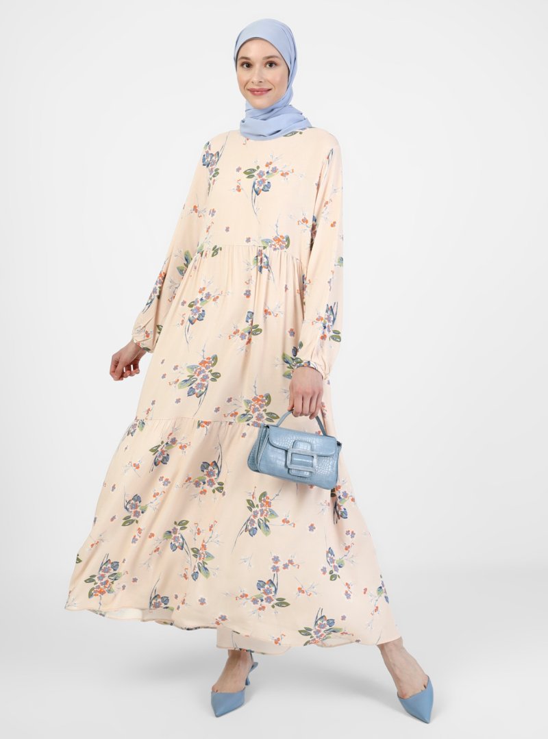 Refka Pudra Doğal Kumaşlı Çiçek Desenli Elbise