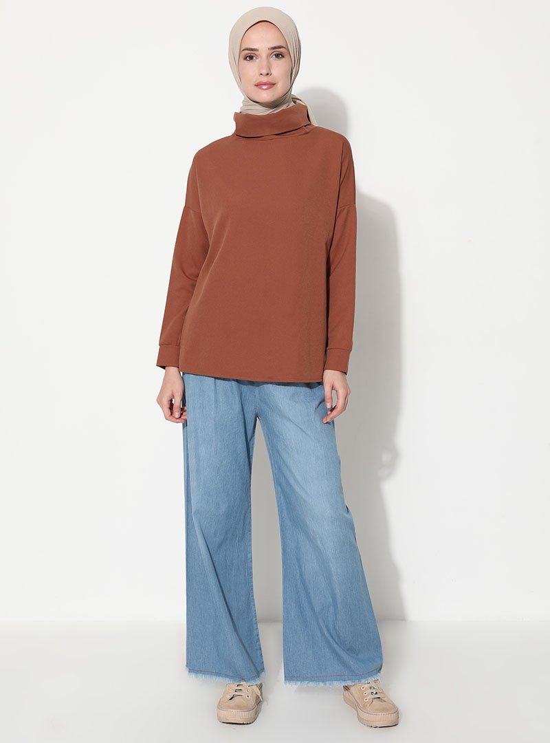 Tesettür Dünyası Mavi Beli Lastikli Bol Paça Kot Pantolon