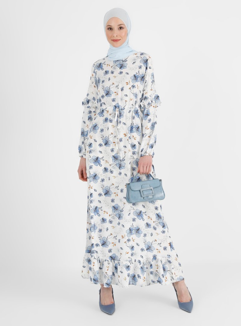 Refka Mavi Beyaz Çiçek Doğal Kumaşlı Desenli Elbise