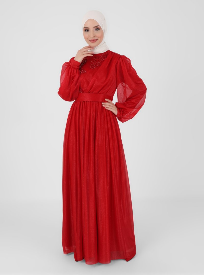 MEKSİLA Kırmızı Ön Büzgü Aller Dantel Detaylı Simli Abiye Elbise
