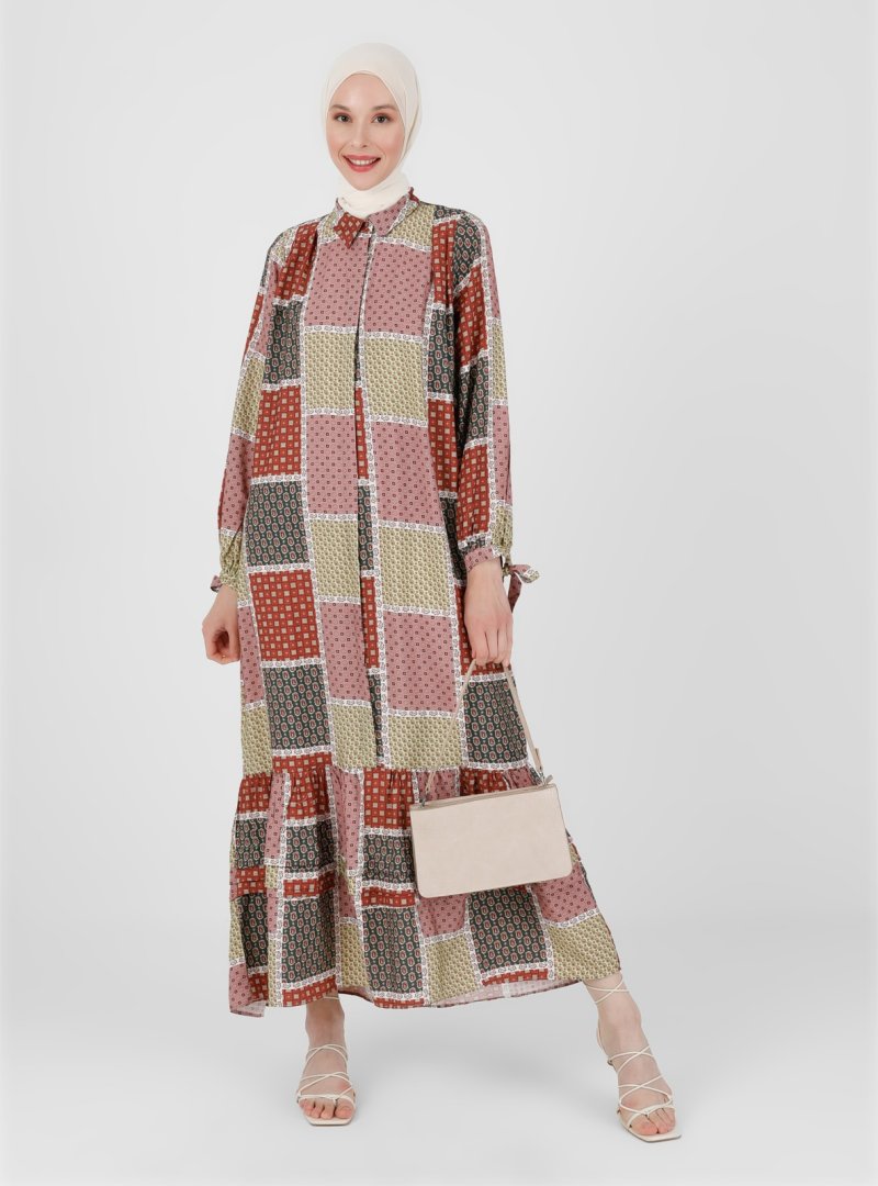 Refka Kahve Patchwork Desenli Bağcıklı Viskon Elbise