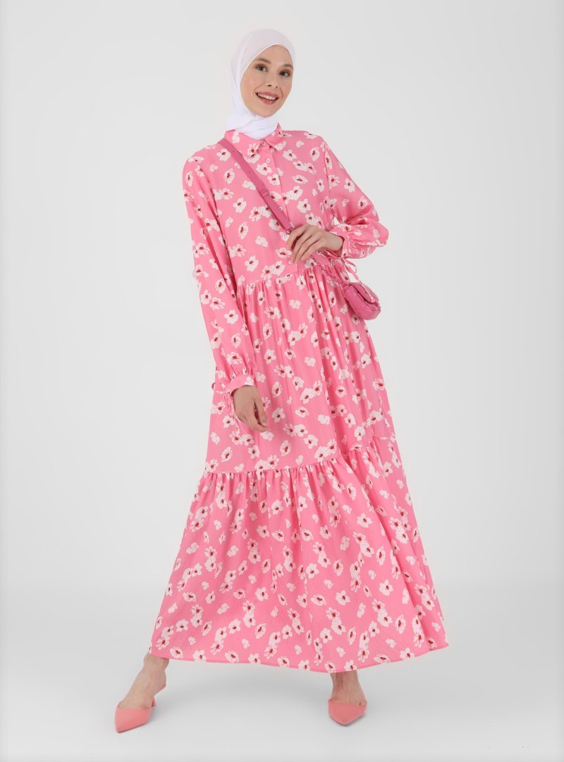 Benin Pembe Viskon Kumaşlı Çiçek Desenli Elbise Soft