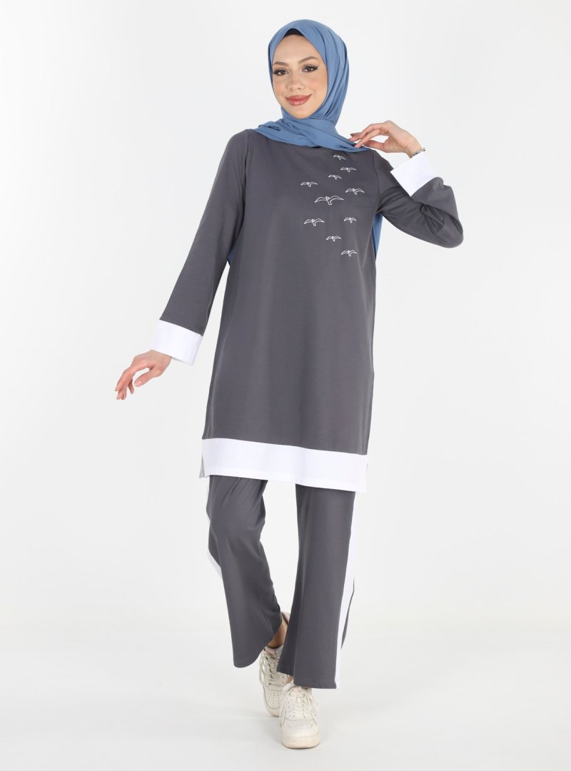 PLİSTRE Koyu Gri Tunik & Pantolon İkili Takım