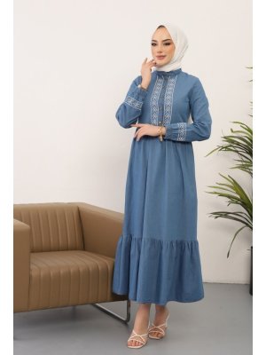 Bestenur Açık Mavi Yarım Düğmeli Nakışlı Sonya Kot Elbise