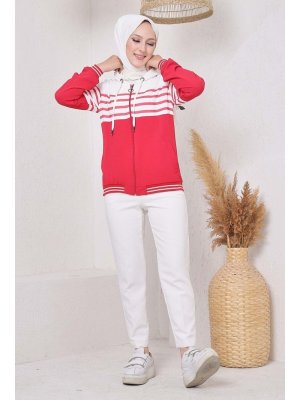 İmaj Butik Çizgi Detaylı Ayrobin Hırka/kırmızı