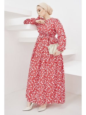 In Style Kırmızı Erfa Çıtır Desen Kuşaklı Elbise