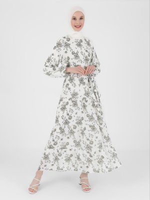 Refka Off White Çiçek Desenli Astarlı Viskon Elbise