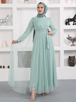 Sew&Design Omzu Çiçek Detaylı Pelerinli Abiye Elbise Mint