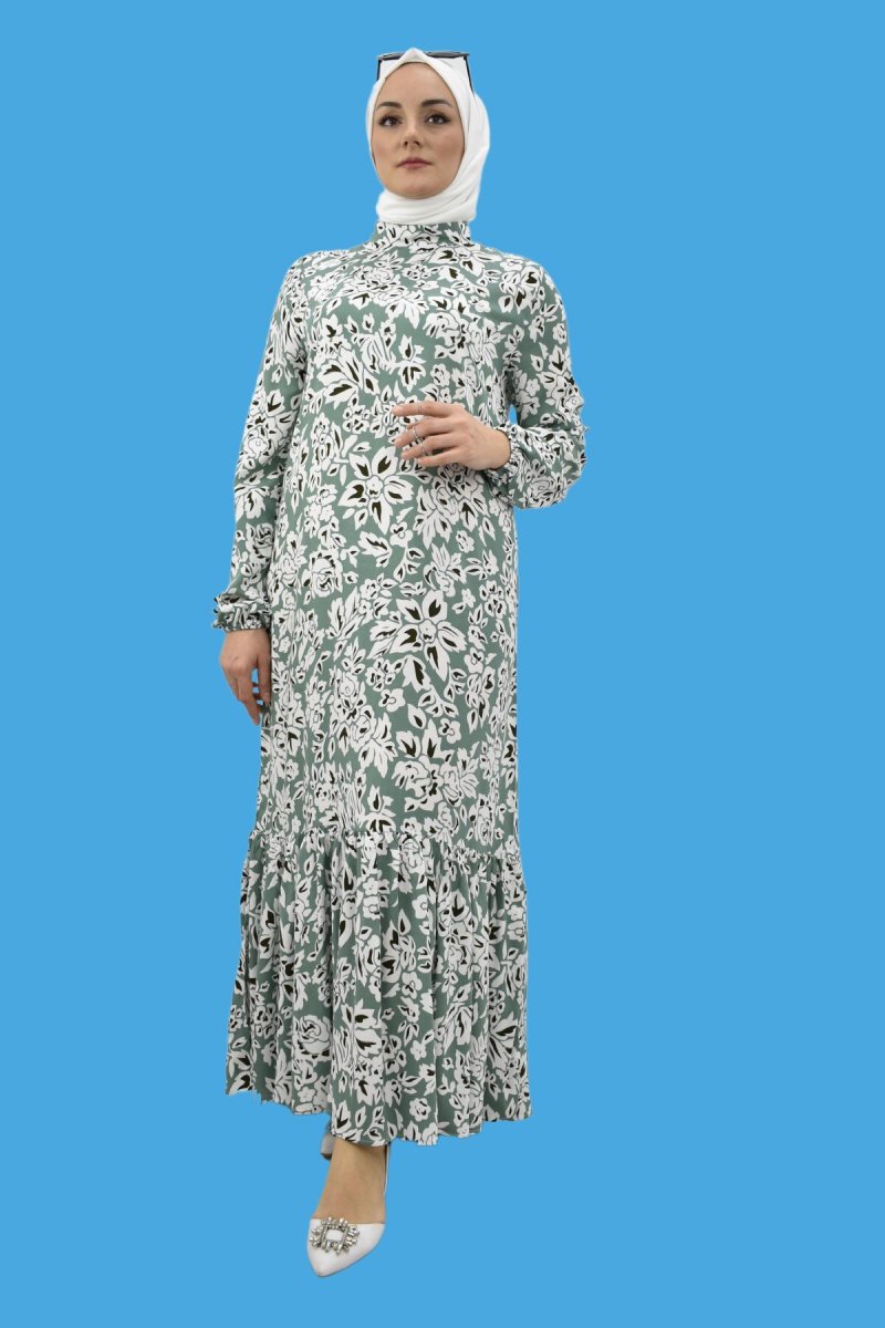 Tesettür Vagonu Nil Yeşili Beyaz Çiçek Desen Eteği Fırfırlı Hakim Yaka Elbise