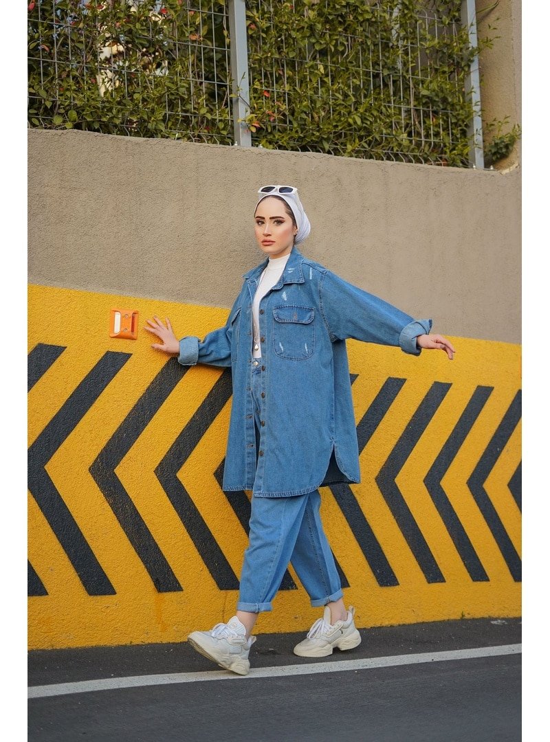 Lurex Moda Yıpratmalı Kot Ceket Buz Mavisi