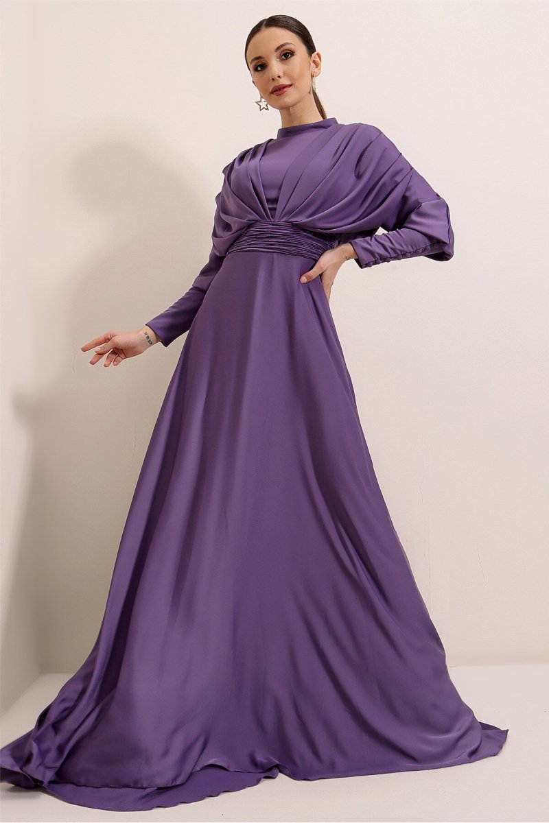 Saygı Giyim Lila Ön Arka Büzgülü Kollar Düğme Detaylı Astarlı Uzun Saten Abiye Elbise
