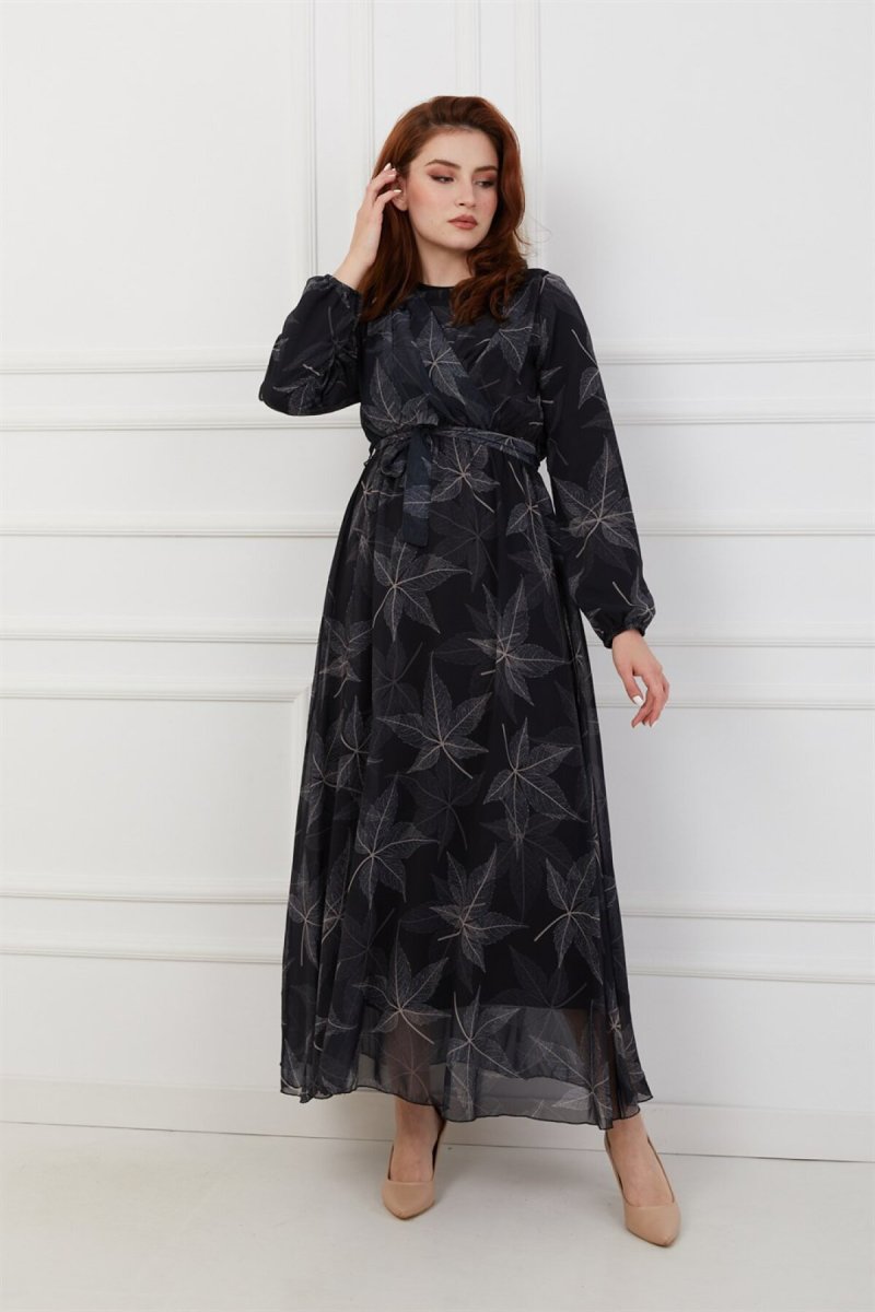 Olcay Siyah Önü Volan Detaylı Desenli Şifon Elbise