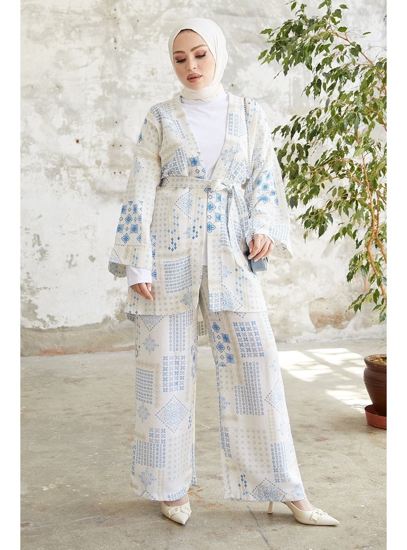 In Style İndigo Alya Motifli Kimono Pantolon İkili Takım
