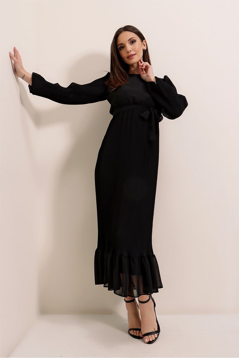 Saygı Giyim Siyah Eteği Fırfırlı Beli Kuşaklı Astarlı Piliseli Uzun Şifon Abiye Elbise