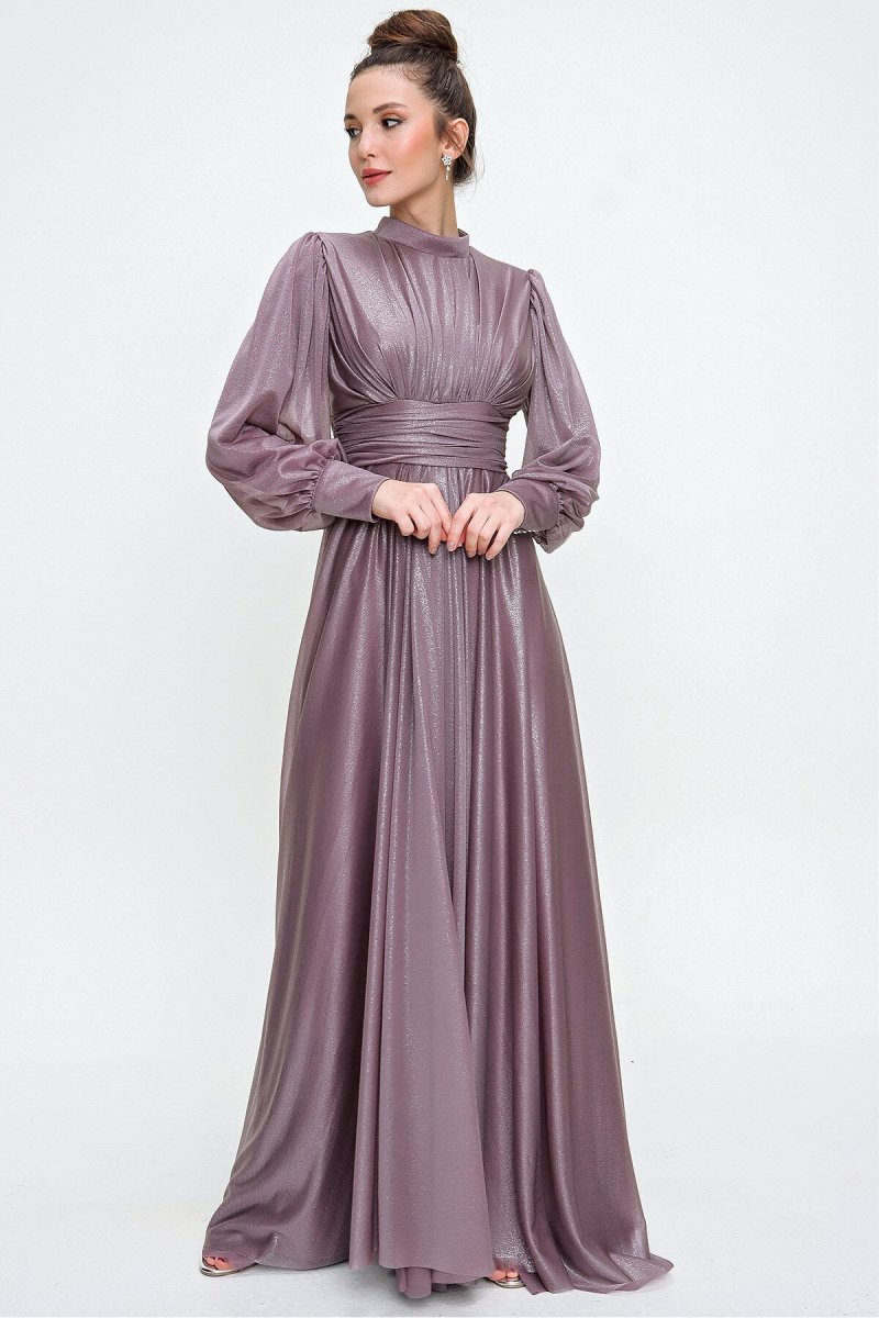 Saygı Giyim Lila Önü Büzgülü Simli Uzun Abiye Elbise