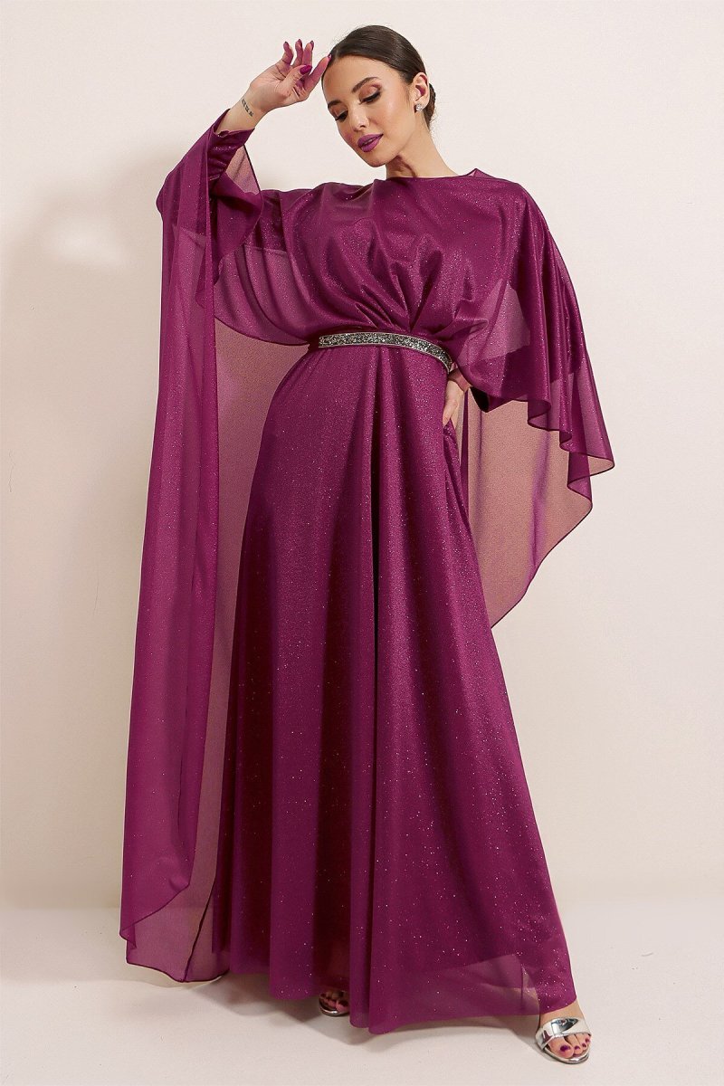 Saygı Giyim Bordo Üstü Taşlı Pelerinli Simli Abiye Elbise