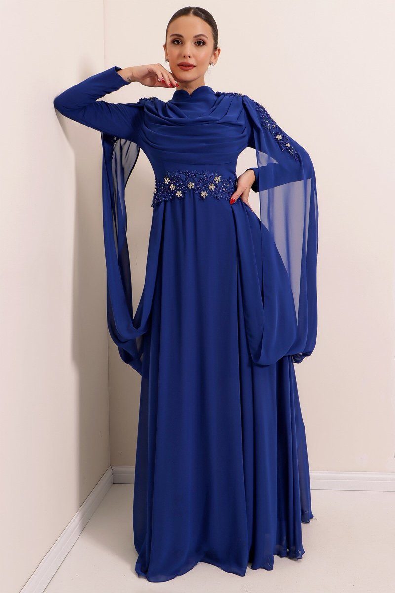 Saygı Giyim Saks Aplik İşleme Detaylı Astarlı Şifon Abiye Elbise