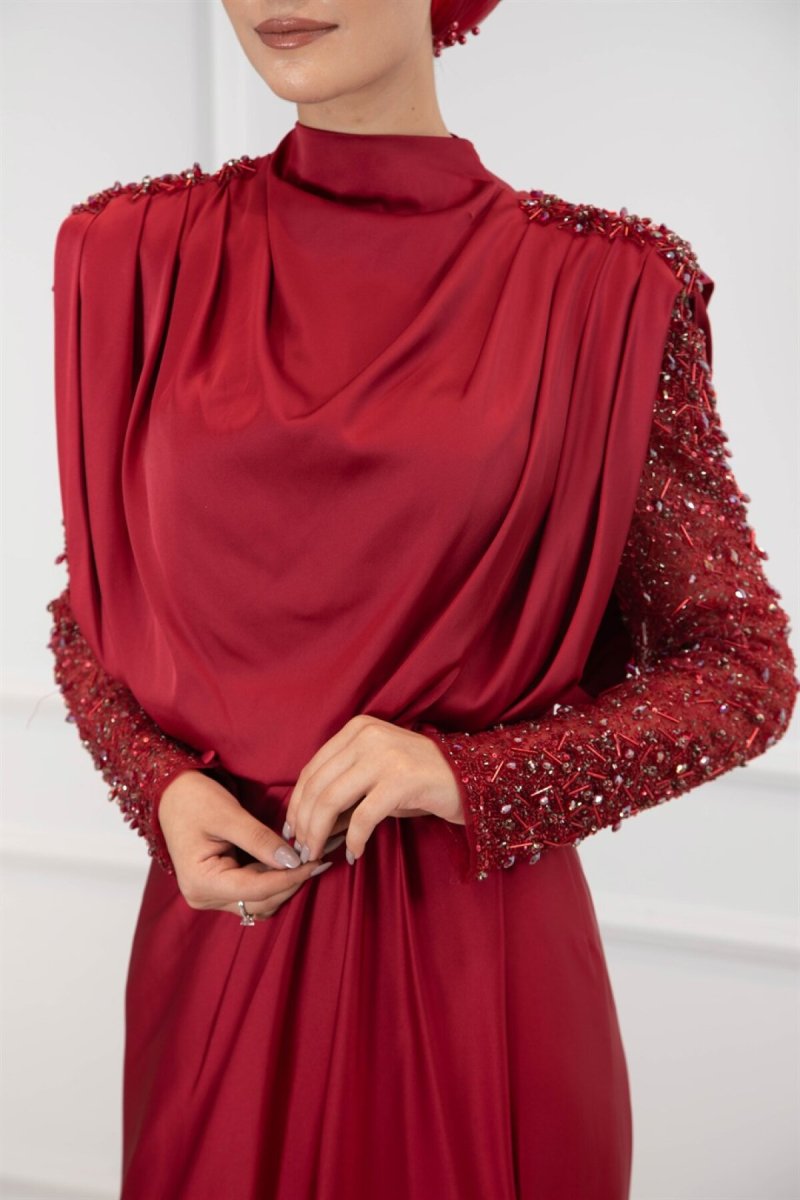 Egelin Bordo Kol Taş İşleme Saten Kırmızı Abiye Elbise