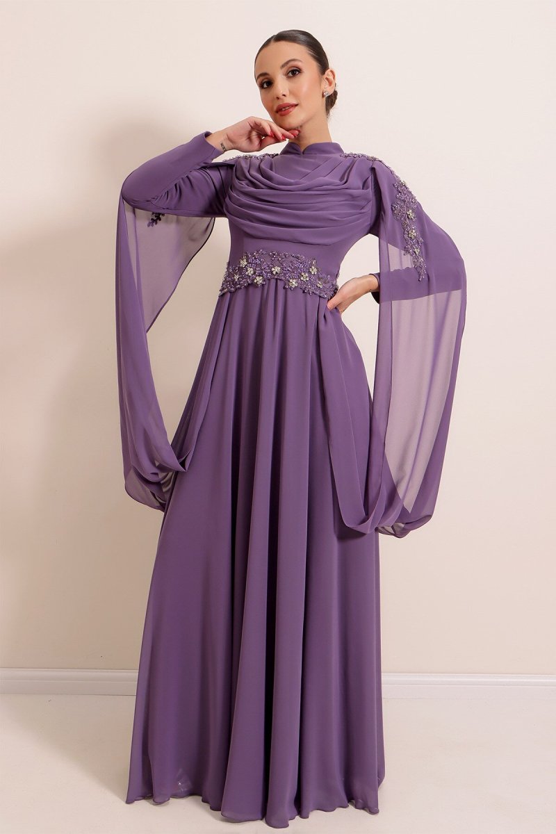 Saygı Giyim Lila Aplik İşleme Detaylı Astarlı Şifon Abiye Elbise