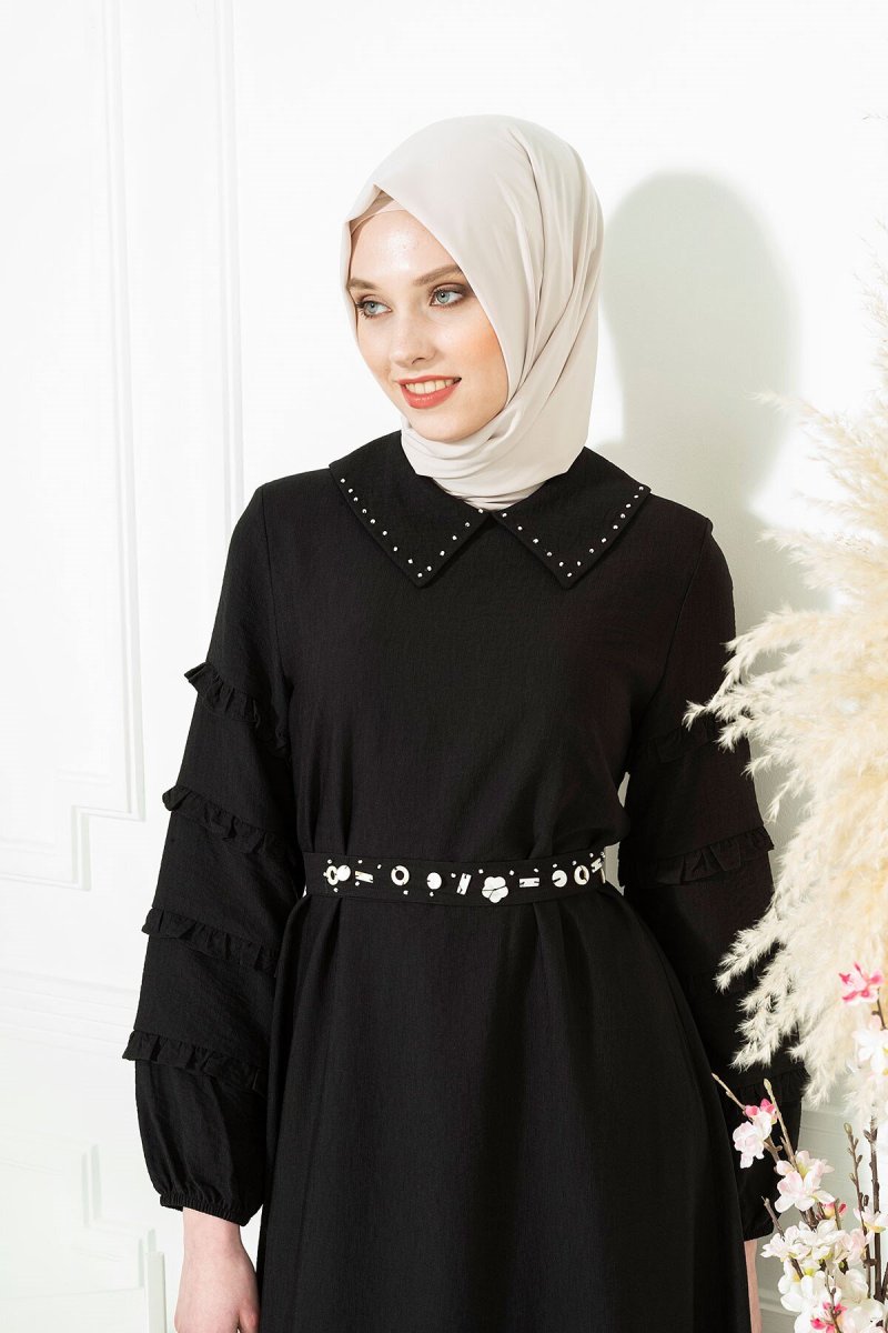 Beyza Siyah Etnik Taş İşlemeli Elbise
