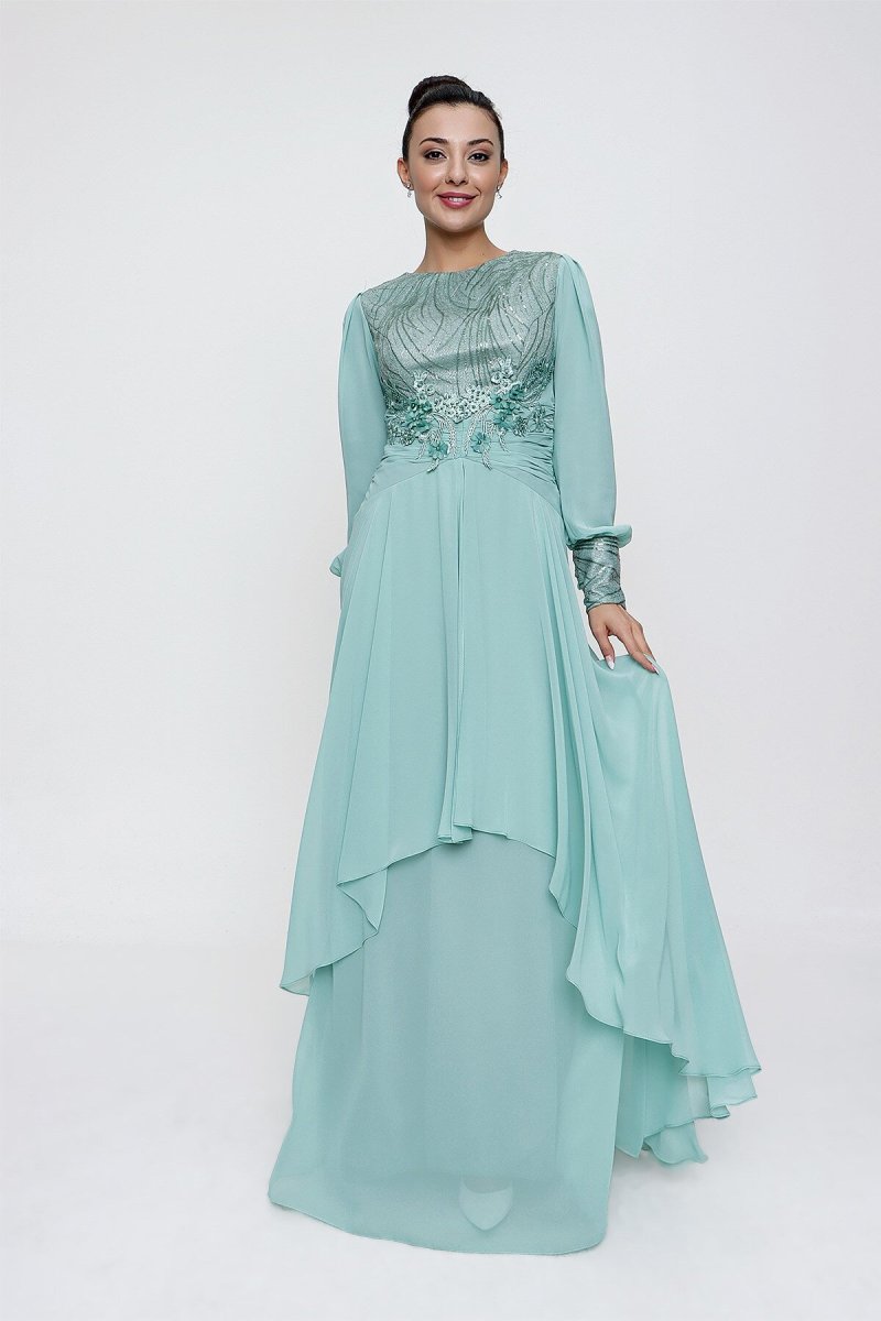 Saygı Giyim Mint Üstü İşlemeli Boyut Çiçeli Astarlı Şifon Uzun Abiye Elbise