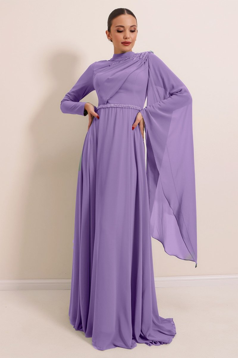 Saygı Giyim Lila Omuz Ve Bel Boncuk Detaylı Astarlı Şifon Uzun Abiye Elbise
