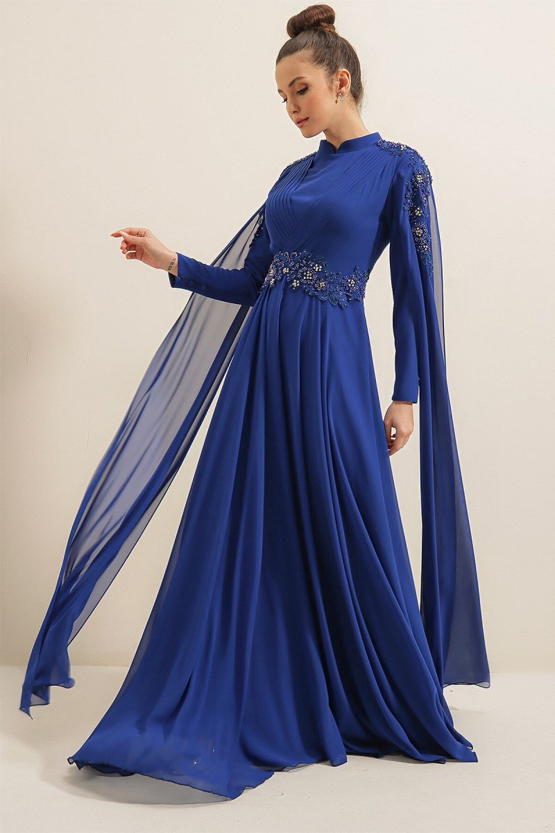 Saygı Giyim Saks Boncuk İşlemeli Güpürlü Önü Pileli Astarlı Uzun Şifon Abiye Elbise