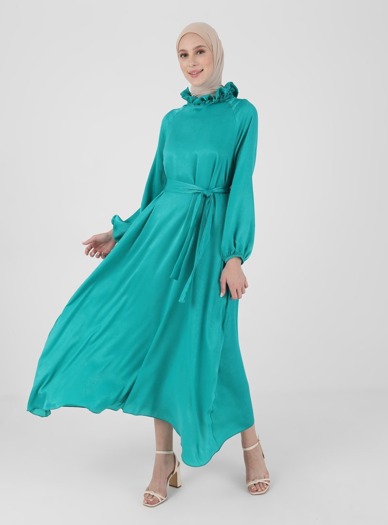 Efkeyem Yakası Volan Detaylı Elbise Çağla Yeşili