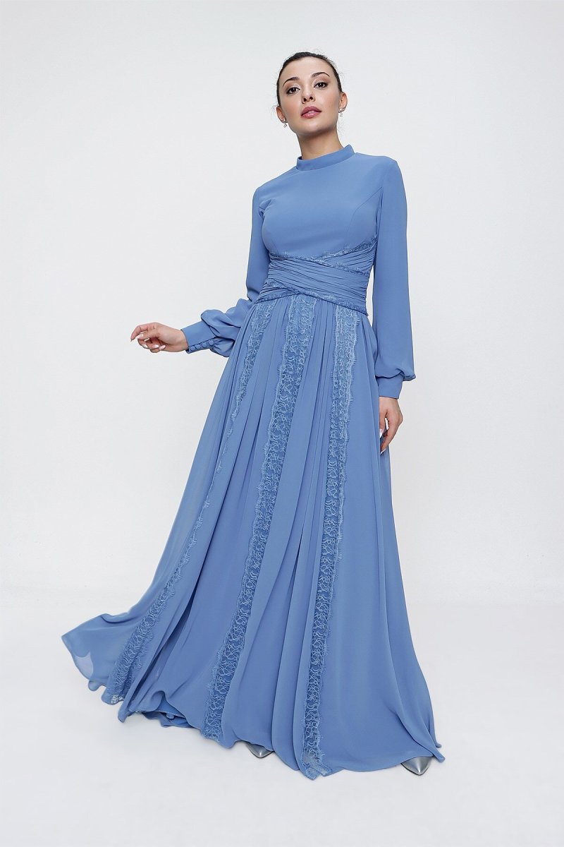 Saygı Giyim İndigo Beli Piliseli Dantel Detaylı Astarlı Uzun Şifon Abiye Elbise