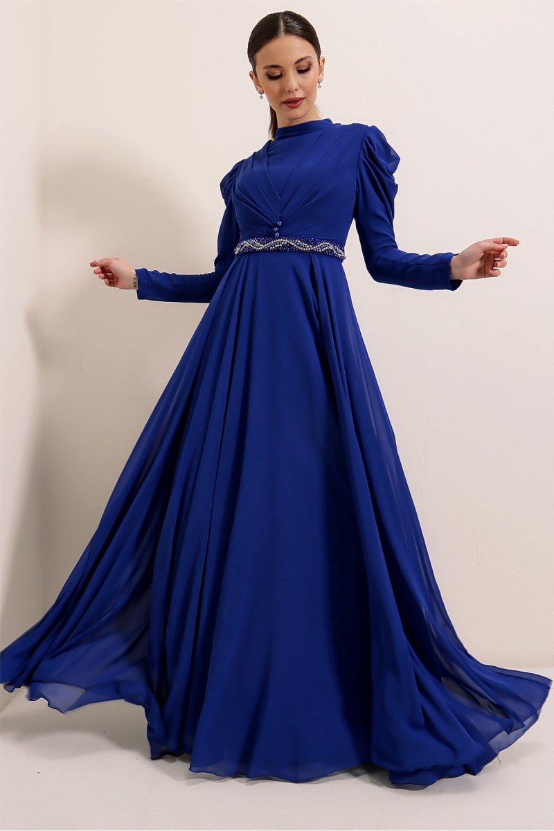 Saygı Giyim Saks Önü Düğme Detaylı Pileli Beli Boncuk Kemerli Astarlı Uzun Şifon Abiye Elbise