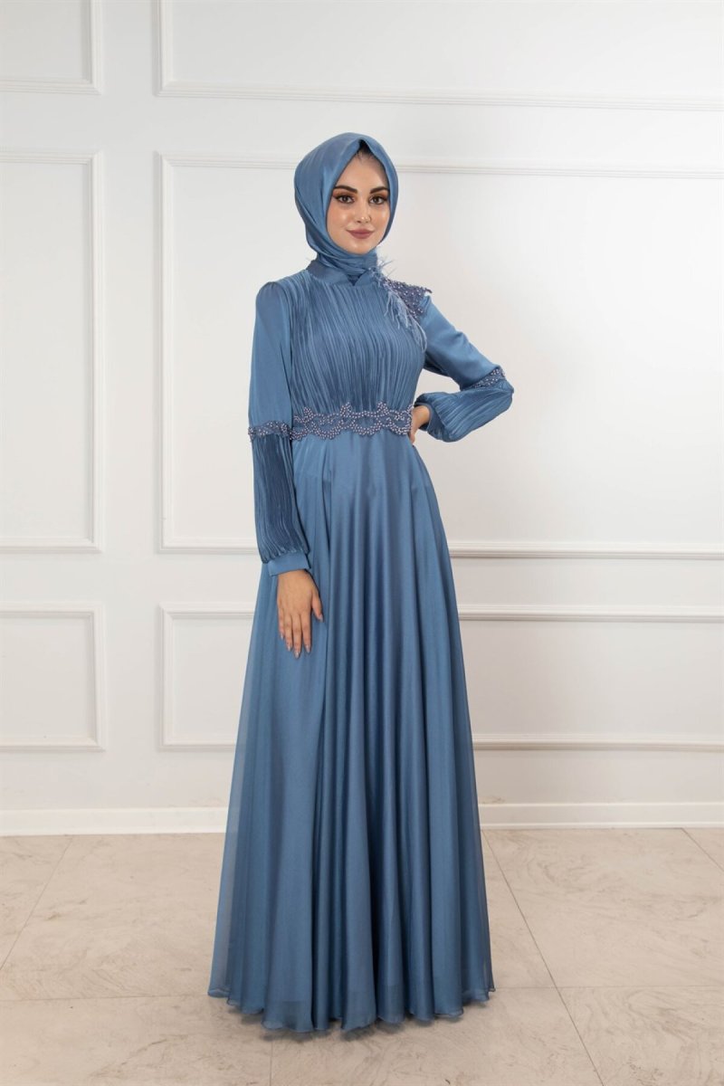 Egelin İndigo Otriş Detaylı Drapeli Şifon Abiye Elbise